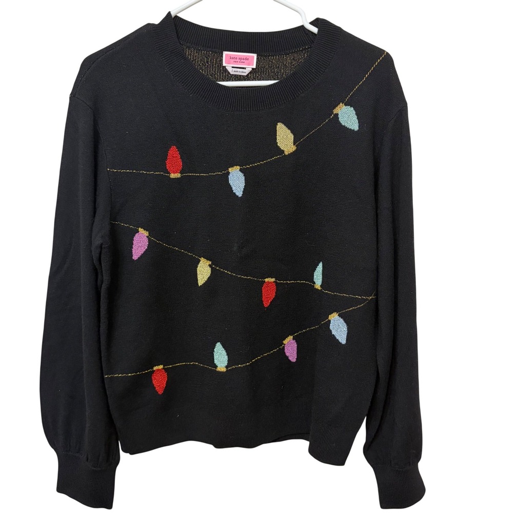 Kate Spade New York Black Wool Holiday Light Bulb Sweater Metallic Large